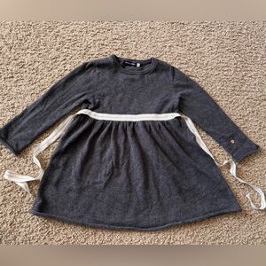 Girls' Charcoal Crew Neck Knit Dress with Contrast Waist Tie